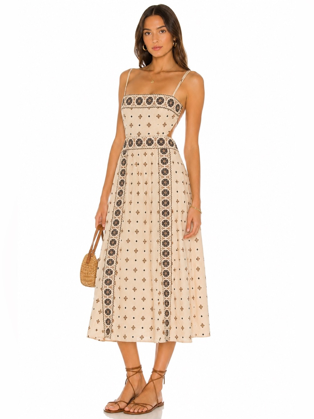 Zara Printed Linen Blend Midi Dress Cream Brown Tile Print Open Back Strappy Sun
